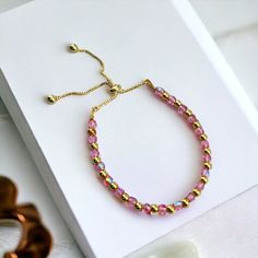 Pink Czech Fire Polish Crystals with Gold-Filled Beads.  Adjustable chain fits up to 7 inches. Great Gift for a Special Friend. Materials Gold Filled Adjustable chain Czech Fire Polish Pink 4mm Beads Gold Filled 3 mm Beads Bracelet For Women Gold, Dainty Bracelet, Gift For A Friend, Dainty Bracelets, Chain Gold, Pink Bracelet, Special Friend, Bracelet For Women, Chain Link Bracelet