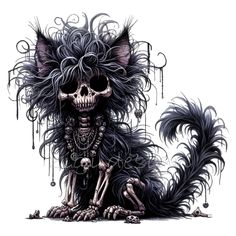 a skeleton sitting on the ground with long hair and a cat's head in its paws