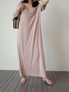 Loose Comfortable Simple Long Dress - rrdeye Non-stretch Pink Dresses, Pink Non-stretch Dresses, Pink V-neck Maxi Dress Solid Color, Plain Pink Summer Dress, Casual Plain Pink Dress, Pink Long Sleeve Maxi Dress In Free Size, Free Size Pink Long Sleeve Maxi Dress, Pink Long Sleeve Free Size Maxi Dress, Oversized Pink Maxi Dresses