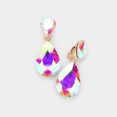 AB Crystal Double Teardrop Clip on Dangle Earrings on Gold | Pageant Earrings Pageant Earrings, Evening Earrings, Turquoise Hoops, Colored Stone, Earring Sale, Glass Crystal, Aurora Borealis, Teardrop Earrings, Earings Piercings