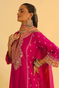 Hot pink long kurta with Kashmiri tilla applique gota and kundan embroidery. Paired with a palazzo and embroidered dupatta. - Aza Fashions Wedding Palazzo Set With Straight Kurta And Motifs, Kundan Embroidery, Kurta And Palazzo, Pink Kurta, Long Kurta, Embroidered Dupatta, Set For Women, Aza Fashion, Hot Pink