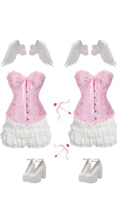 a pink corset with white lace and angel wings on the top, two pairs of shoes