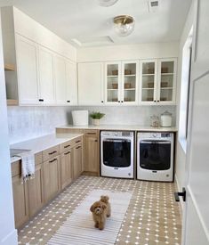 a dog is standing in the middle of a kitchen with white cabinets and brown flooring