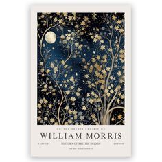 the book cover for william morris's history of british design, featuring trees and moon