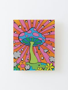 a painting of a mushroom with stars and flowers in the background on a white wall