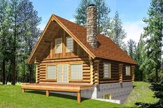 a small log cabin with a porch and picnic table in the grass near some trees