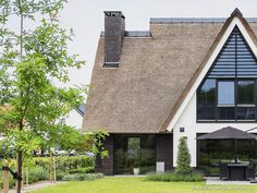 a house with a thatched roof and large windows