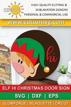 Digital download for a Round Christmas sign with an Elf and the word Hi - suitable to be used with Glowforge | laser cutters, but also with Cricut and Silhouette craft cutting machines. For Cricut | Silhouette users the design is saved at the size of 10", so it could easily fit the cutting mat. If resizing, please resize the elements altogether, so you can keep the proportions right. The file comes optimised for use with vinyl or card stock - please check the preview images for more information. Elf Door Hanger, Door Sign Svg, Christmas Door Hangers, Elf Tree, Elf Door, Door Hanger Svg, Burlap Door Hangers, Christmas Tree Inspiration, Diy Wood Signs