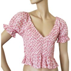 Nwt Brand: Billabong Size: L Pullover Smocked Body Ruffle Sleeves Ruffle & Flare Shirt Hem Chest: 16 1/2" Length: 19" Fitted Smock V-neck Top, Summer V-neck Top With Smocked Bodice, Casual Pink V-neck Smocked Top, White V-neck Smocked Top For Spring, Casual V-neck Peasant Top With Smocked Bodice, Bohemian V-neck Tops With Smocked Back, Bohemian V-neck Top With Smocked Back, White Fitted Crop Top With Smocked Back, Fitted White Crop Top With Smocked Back