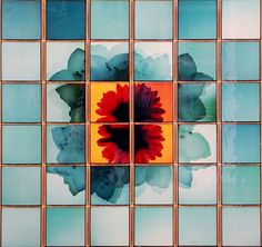 an image of a flower in the middle of some glass tiles that are reflecting it's colors