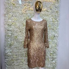 Luxury Brand New With Tags Sequin Midi Backless Elegant Gold Mini Dress For Evening, Elegant Champagne Mini Dress For Holiday, Elegant Gold Sequin Evening Dress, Champagne Sequin Evening Dress For Spring, Elegant Gold Fitted Sequin Dress, Champagne Sequin Dress For Evening, Glamorous Gold Mini Dress For Dinner, Formal Champagne Sequin Dress, Elegant Fitted Gold Sequin Dress