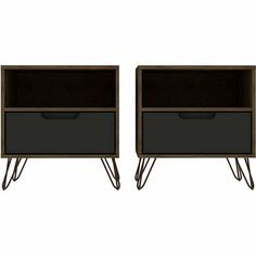 two black and brown nightstands with metal legs