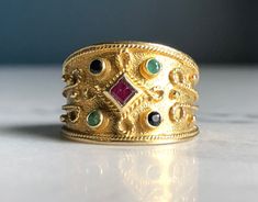 Vintage 14K Yellow Gold, Byzantine Etruscan Design Ring, With Natural Ruby, Sapphires, Emeralds. Handcrafted in Greece  Ring Size: 8 Weighs: 7 grams Gold Byzantine Jewelry With Multi-stone, Gold Byzantine Multi-stone Jewelry, Green Tourmaline Ring, Fire Opal Ring, Ruby Sapphire, Red Band, Tourmaline Ring, Multi Stone Ring, Green Tourmaline