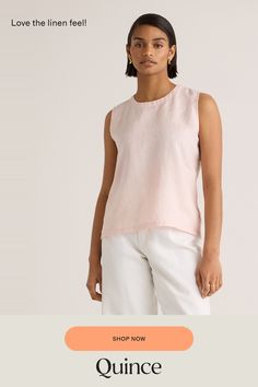 An all-year essential. This linen tank top is made from soft, textured 100% organic linen. It's perfect to layer under a cardigan or does just as well on its own on those warmer days. Especially with the matching linen pants.  | Quince | Women's Tank Top in Pale Pink, Size XS, Linen Chic Linen Tops For Layering, Chic Everyday Linen Tops, Casual Flax Daywear Top, Casual Flax Colored Tops For Daywear, Versatile Linen Top For Everyday, Flax Linen Tank Top For Spring, Versatile Everyday Linen Tops, Versatile Linen Tank Top For Spring, Everyday Versatile Linen Tops