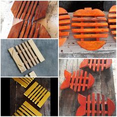 several pictures of different types of wooden cuttings and tools for making fish shaped food