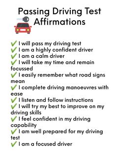 driving test affirmations with the words passing driving test affirmations on it