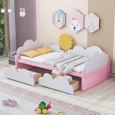 a child's bedroom with pink and white bedding, teddy bears on the floor