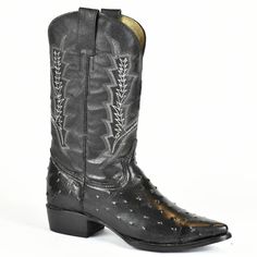 The El Tejano Full Quill Ostrich Print Leather Pointed Toe Cowboy Boots are a classic design handmade in Mexico by skilled craftsmen. The faux black print leather is an indistinguishable match for genuine exotic Ostrich leather yet much more economical than the exotic ostrich Quill leather. The quality craftsmanship and hand-selected black ostrich print leather give this boot a custom feel. Other quality features include the traditional pointed toe, 1 1/2 western heel, leather outsole, and Goody Mens Cowboy, Harness Boots, Ostrich Leather, Pig Skin, Goodyear Welt, Black Leather Boots, Printed Leather, Black Print, Work Boots