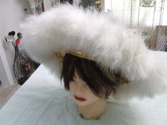 "Vintage ornate, fancy, statement hat by Just For You New York . Ivory velvet with gold sequins and feathered rim. Great for costume, dress up, party, or winter festival. 4 12\" deep, 6 1/2\" across opening, 7 1/2\" front to back, 10\" x16\" whole hat." Statement Hat, Winter Festival, Gold Sequins, Caps Hats, Accessories Hats, Party Dress, Dress Up, Velvet, New York