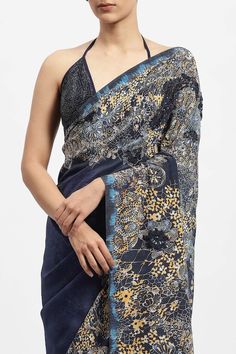 Royal blue saree featuring floral bloom print all over embellished with lace work. Paired with a running blouse piece. - Aza Fashions Royal Blue Saree, Embellished Saree, Satya Paul, Blue Saree, Blouse For Women, Blue Silk, Blouse Pattern, Silk Crepe, Blouse Piece