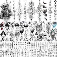 an image of many different designs on a white background with black and white inks