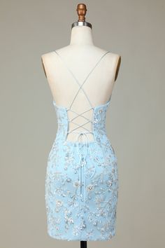 Blue Fitted Backless Dress, Fitted Light Blue Backless Dress, Light Blue Fitted Backless Dress, Fitted Blue Backless Dress, Blue Corset Back Mini Dress For Spring, Light Blue Fitted Mini Dress For Prom, Blue Sleeveless Mini Dress With Corset Back, Blue Mini Dress With Corset Back For Spring, Spring Blue Mini Dress With Corset Back