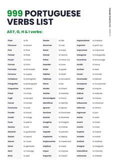 the 999 portuguese verbs list is shown in green and white with black lettering