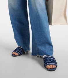 Jane denim slides in blue - Gucci | Mytheresa Blue Leather Gucci Sandals, Gucci Blue Leather Sandals, Gucci Open Toe Leather Slides, Gucci Leather Open Toe Slides, Gucci Cushioned Slide Sandals, Gucci Cushioned Slides, Gucci Slip-on Mules, Gucci Slides With Cushioned Footbed, Gucci Sandals With Woven Sole For Summer