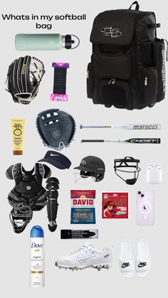 an assortment of sports equipment including baseball gloves, mitts and water bottle with the words what's in my softball bag?