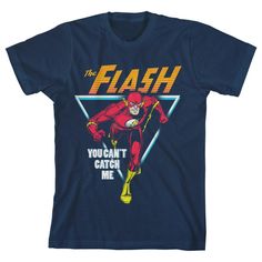 Show some love for the best superhero with this awesome tee! The DCO The Flash You Can't Catch Me Youth Boys Navy T-Shirt is a comfy short-sleeve design made of 100percent soft, premium cotton for comfortable all-day wear. This youth-sized tee features a bold, colorful graphic of The Flash on the front. It’s been professionally printed to ensure long-lasting color clarity and quality. The DCO The Flash You Can't Catch Me Youth Boys Navy T-Shirt is a super cool addition to any wardrobe and makes Superhero Short Sleeve T-shirt With Character Print, Superhero Graphic T-shirt For Fans, Front Print Short Sleeve T-shirt For Fan Conventions, Pop Culture Front Print Short Sleeve T-shirt, Pop Culture Short Sleeve T-shirt With Front Print, Graphic Design Short Sleeve Tops For Fan Conventions, Superhero Graphic Crew Neck Top, Pre-shrunk Superhero T-shirt For Fan Conventions, Superhero Pre-shrunk T-shirt For Fan Conventions