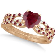 Ruby & Diamond Heart Infinity Heart Bridal Set 14k Rose Gold 1.75ct - U6321 Wedding Ring Gold, Pink Wedding Rings, Heart Engagement, Contour Wedding Band, Heart Engagement Rings, Infinity Heart, Jewels Rings, Ruby Engagement Ring, Bridesmaid Jewelry Sets