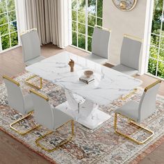 a marble dining table surrounded by white chairs and a rug in front of a window