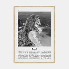 a black and white photo with the words bali on it in front of an ocean view