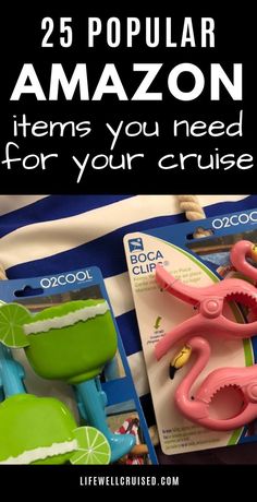 some pink and green scissors are on top of a blue bag with the words 25 popular amazon items you need for your cruise