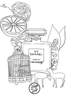 chanel no 8 perfume coloring page with flowers and an animal next to the bottle