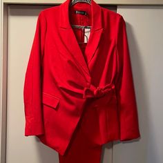 Brand New New York And Company Blazer And Matching Slacks. Tried On For A Picture And Never Out In Public. Blazer Size M Slacks Size 10 Red Office Sets For Spring, Red Sets With Pockets For Spring, Red Spring Sets With Pockets, Red Office Pantsuit With Pockets, New York And Company, New New, Put On, Pant Jumpsuit, Pants For Women