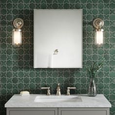 a bathroom vanity with two lights and a mirror above it, in front of a green patterned wall