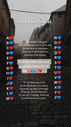 an image of a street with hearts on it and the words, find your initial