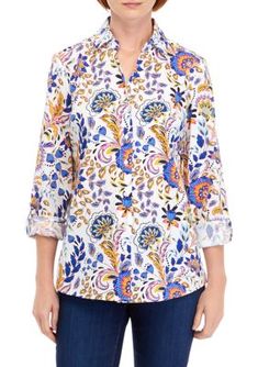 Covered in a detailed paisley print, this button-down shirt from Kim Rogers is fixed with a preppy-chic collar. | Kim Rogers Women's Long Sleeve Printed Collared Button Down Shirt, X-Large Fall Paisley Print Button-up Top, Casual Collared Tops With Paisley Print, Long Sleeve Paisley Print Shirt For Spring, Spring Paisley Print Shirt, Patterned Paisley Print Button-up Top, Spring Paisley Print Patterned Shirt, Patterned Paisley Print Shirt For Spring, Casual White Shirt With Paisley Print, Spring Casual Shirt With Paisley Print