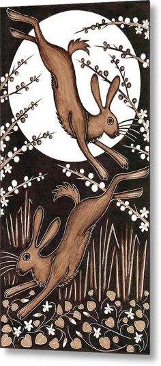 an image of two rabbits flying in the air with flowers and plants around them on a night sky background