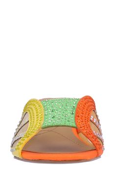 Sparkling crystals illuminate the citrus-inspired design of a block-heel sandal complete with comfort-enhancing memory foam cushioning. 2" heel Memory foam cushioning Synthetic upper, lining and sole Imported Lime Yellow, Heel Sandal, Sparkling Crystal, Block Heels Sandal, Yellow Orange, Block Heels, Memory Foam, Sandals Heels, Womens Sandals