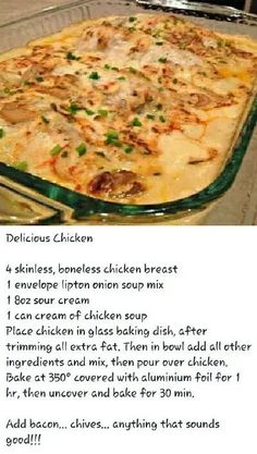 an image of a casserole dish with chicken in it and instructions on how to make it