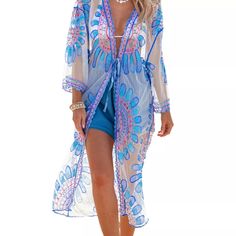 Cupshe Women's Sheer Open Front Tie Waist Kimono Cover-Up Blue Bohemian Cover-up For Beach Party, Fitted Bohemian Blue Cover-up, Blue Printed V-neck Cover-up, Blue Long Sleeve Swimwear For Beach Cover-up, Blue V-neck Festival Cover-up, Spring Beach Party One-piece Cover-up, Beach Season Party Cover-up, Fitted Blue Cover-up For Beach Party, Blue Printed Swimwear For Party