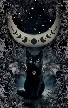 a black cat sitting in front of a crescent moon