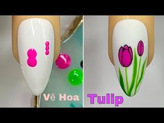 Flower Nail Design Step By Step, Nail Tulip Design, Tulip Flower Nails, Flower Art For Nails, Tulip Nail Art Tutorial, Flowers Nails Art, Tulips On Nails, Tulips Nail Art, Simple Nail Flower Designs