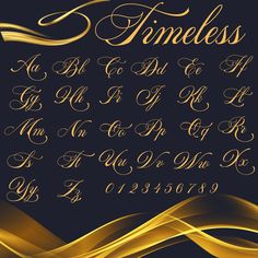 an elegant font with gold swirls on a black background