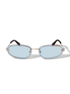 Shop gold-tone metal oval frame blue tinted lenses nose pads gold-tone logo plaque straight arms curved tips These glasses come with a protective case. Bracelet Watches Women, Frame Blue, Leather Denim, Boy Accessories, Oval Frame, Boy Shoes, Iconic Women, Slides Shoes, Accessories Jewelry Earrings