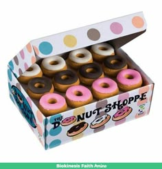 a box of donuts with pink and chocolate frosting