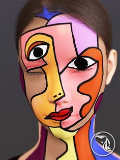 Stylized Makeup Inspiration, Cubism Face Painting, Picasso Face Mask, Facial Makeup Art, Pop Art Face Painting, Cubism Face Art, Picasso Makeup Faces, Picasso Halloween Costume, Picasso Face Painting