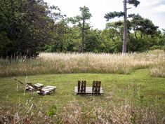 two wooden chairs sitting in the middle of a field with tall grass and trees behind them